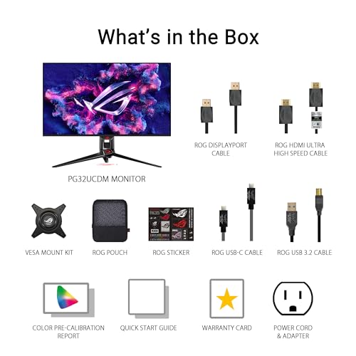 ASUS ROG Swift 32” 4K OLED Gaming Monitor (PG32UCDM) - UHD (3840 x 2160), QD-OLED, 240Hz, 0.03ms, G-SYNC Compatible, Custom Heatsink, Graphene film, 99% DCI-P3, True 10-bit, 90W USB-C, 3 year warranty