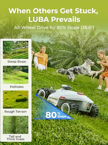 LUBA 2 AWD 3000H Robot Lawn Mower, Perimeter Wire Free Vision Robotic Lawnmower for 0.75 Acre Lawn, Cut Height 2.2"-4.0", 80% Slope, APP Control Compatible with Alexa, All-Wheel Drive, Anti-Theft