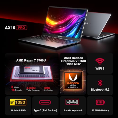 ACEMAGIC Gaming Laptop AMD Ryzen 7 5700U(8C/16T), Radeon RX Vega 8 Graphics,16.1“FHD Display,16GB RAM 512GB NVMe SSD Laptop Computer with Backlit KB,Type_C (Full Function),WiFi 6, 53Wh Battery