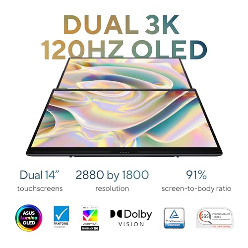 ASUS Zenbook Duo Laptop, Dual 14” OLED 3K 120Hz Touch Display, Intel Evo Certified, Intel Core Ultra 9 185H CPU, Intel Arc Graphics, 32GB RAM, 1TB SSD, Windows 11, Inkwell Gray, UX8406MA-PS99T
