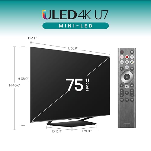 Hisense 75-Inch Class U7 Series Mini-LED ULED 4K UHD Google Smart TV (75U7N, 2024 Model) - QLED, Native 144Hz, Motion Rate 480, Full Array Local Dimming, Game Mode Pro, Alexa Compatibility