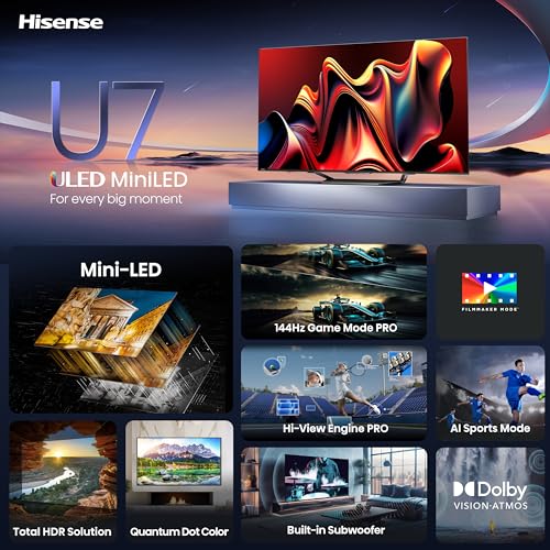 Hisense 75-Inch Class U7 Series Mini-LED ULED 4K UHD Google Smart TV (75U7N, 2024 Model) - QLED, Native 144Hz, Motion Rate 480, Full Array Local Dimming, Game Mode Pro, Alexa Compatibility