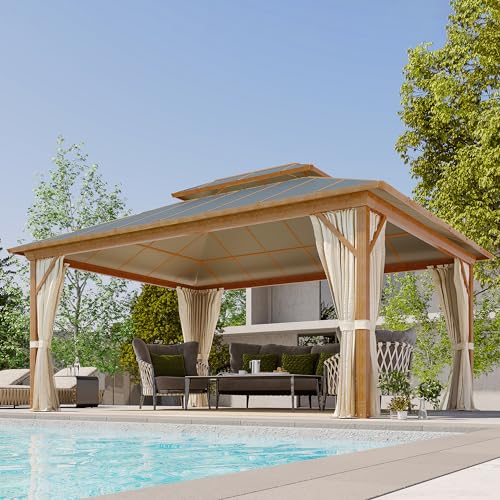 MELLCOM 12x16FT Hardtop Gazebo,Wooden Finish Coated Aluminum Patio Gazebo with Aluminum Composite Double Roof for Patio Lawn and Garden, Curtains and Netting Included