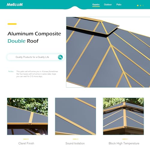 MELLCOM 12x16FT Hardtop Gazebo,Wooden Finish Coated Aluminum Patio Gazebo with Aluminum Composite Double Roof for Patio Lawn and Garden, Curtains and Netting Included