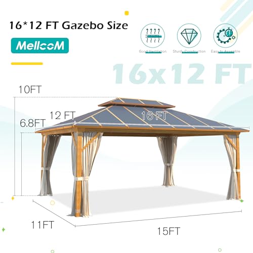 MELLCOM 12x16FT Hardtop Gazebo,Wooden Finish Coated Aluminum Patio Gazebo with Aluminum Composite Double Roof for Patio Lawn and Garden, Curtains and Netting Included