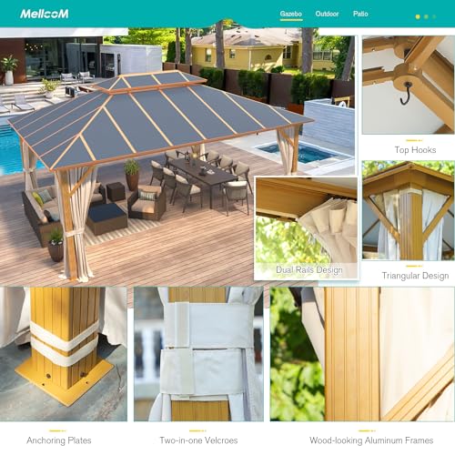 MELLCOM 12x16FT Hardtop Gazebo,Wooden Finish Coated Aluminum Patio Gazebo with Aluminum Composite Double Roof for Patio Lawn and Garden, Curtains and Netting Included