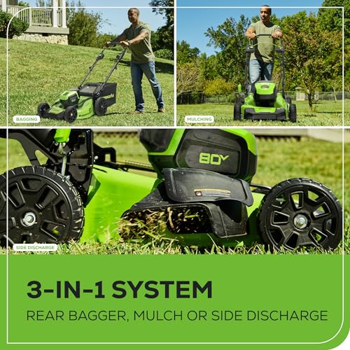 Greenworks 80V 21” Brushless (Self-Propelled) Cordless Electric Lawn Mower + (580 CFM) Axial Leaf Blower (75+ Compatible Tools), 4.0Ah Battery and 60 Minute Rapid Charger, Green and Black