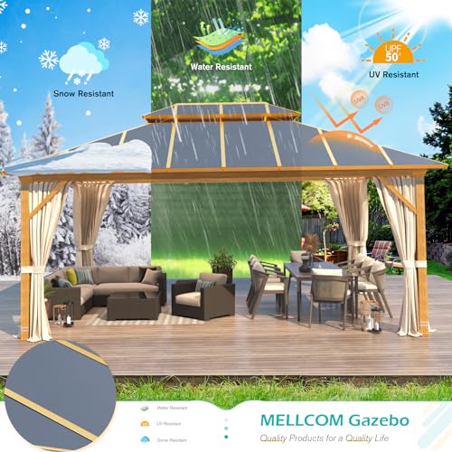 MELLCOM 12x16FT Hardtop Gazebo,Wooden Finish Coated Aluminum Patio Gazebo with Aluminum Composite Double Roof for Patio Lawn and Garden, Curtains and Netting Included