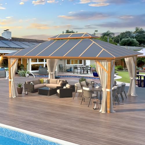 MELLCOM 12x16FT Hardtop Gazebo,Wooden Finish Coated Aluminum Patio Gazebo with Aluminum Composite Double Roof for Patio Lawn and Garden, Curtains and Netting Included