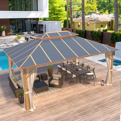 MELLCOM 12x16FT Hardtop Gazebo,Wooden Finish Coated Aluminum Patio Gazebo with Aluminum Composite Double Roof for Patio Lawn and Garden, Curtains and Netting Included