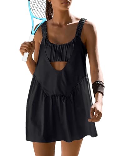 Sexyasasii Women Tennis Dress with Built in Shorts and Bra Sleeveless Casual Backless Golf Dress Athletic Dress with Pockets Black