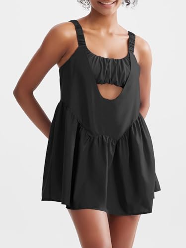 Sexyasasii Women Tennis Dress with Built in Shorts and Bra Sleeveless Casual Backless Golf Dress Athletic Dress with Pockets Black