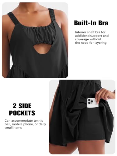 Sexyasasii Women Tennis Dress with Built in Shorts and Bra Sleeveless Casual Backless Golf Dress Athletic Dress with Pockets Black