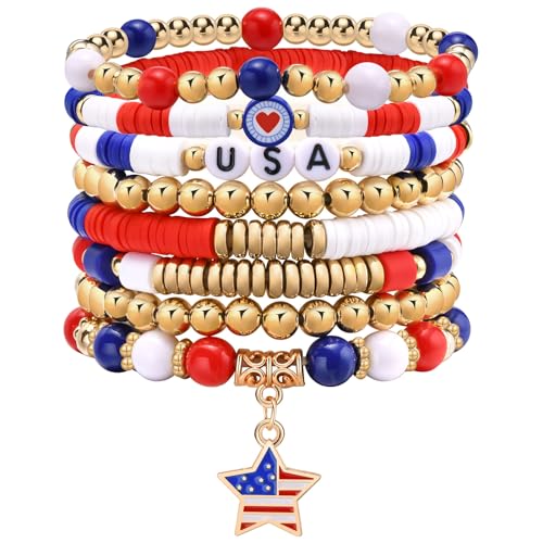 Hisatan 4th of July Red White and Blue Bracelets, USA American Flag Clay Bead Bracelet Set, Patriotic Stackable Bracelets Bulk for Women Men Fourth of July Accessories Independence Day Jewelry Gifts