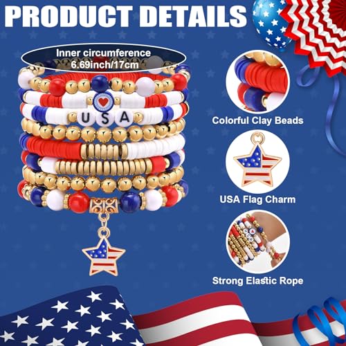 Hisatan 4th of July Red White and Blue Bracelets, USA American Flag Clay Bead Bracelet Set, Patriotic Stackable Bracelets Bulk for Women Men Fourth of July Accessories Independence Day Jewelry Gifts