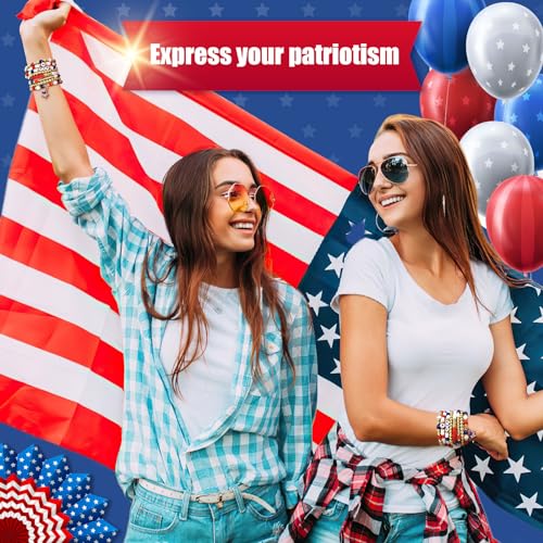 Hisatan 4th of July Red White and Blue Bracelets, USA American Flag Clay Bead Bracelet Set, Patriotic Stackable Bracelets Bulk for Women Men Fourth of July Accessories Independence Day Jewelry Gifts