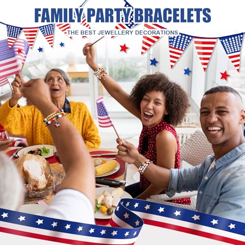 Hisatan 4th of July Red White and Blue Bracelets, USA American Flag Clay Bead Bracelet Set, Patriotic Stackable Bracelets Bulk for Women Men Fourth of July Accessories Independence Day Jewelry Gifts