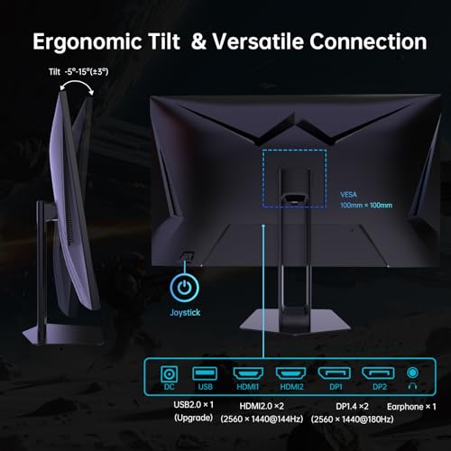 KTC 27 Inch QHD Gaming Monitor, 180Hz 1ms GTG Fast IPS 2K Computer Gamer Monitor, 1440P HDR Frameless Monitor with Adaptive Sync, Tilt Adjustment, VESA Compatible, Eye Care, DisplayPort HDMI, H27T22S
