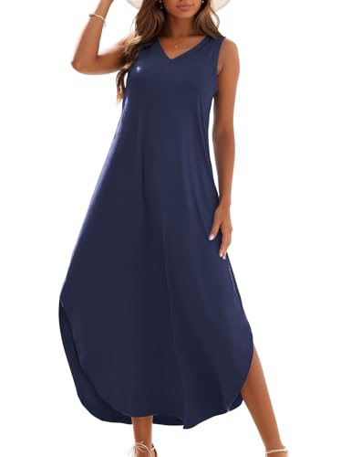 Zilcremo Women's Summer Casual Loose Sundress Long Dress Sleeveless V Neck Split Tshirt Maxi Dresses Navy L