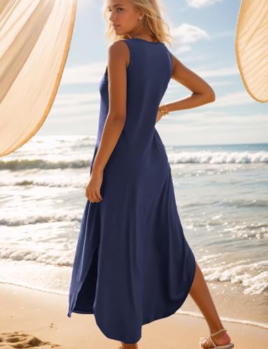 Zilcremo Women's Summer Casual Loose Sundress Long Dress Sleeveless V Neck Split Tshirt Maxi Dresses Navy L