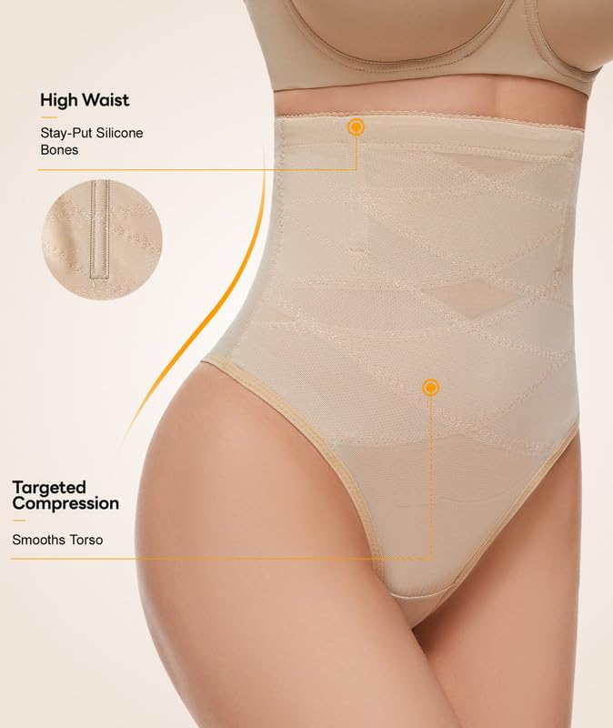 SIMIYA Thong Shapewear Tummy Control Underwear for Women High Waisted Stay-Put Body Shaper Girdle Targeted Compression