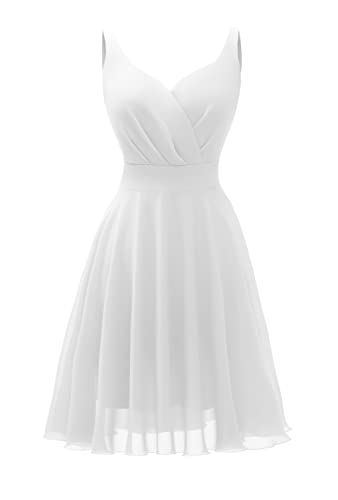 Dressever Summer Cocktail Dress V-Neck Adjustable Spaghetti Strap Chiffon Sundress White L