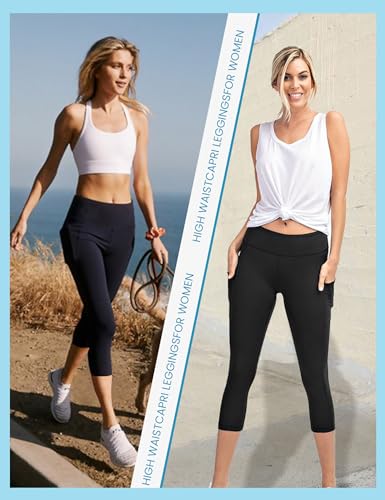 ZOOSIXX 3 Pack Capri Leggings for Women - High Waisted Capri Leggings with Pockets Soft Black for Running Workout