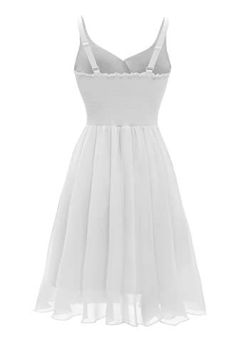 Dressever Summer Cocktail Dress V-Neck Adjustable Spaghetti Strap Chiffon Sundress White L