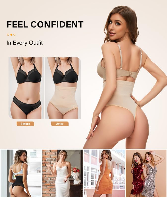 SIMIYA Thong Shapewear Tummy Control Underwear for Women High Waisted Stay-Put Body Shaper Girdle Targeted Compression