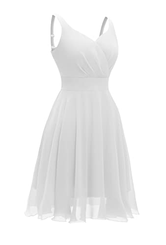 Dressever Summer Cocktail Dress V-Neck Adjustable Spaghetti Strap Chiffon Sundress White L