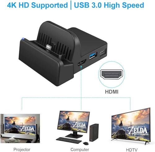 Switch Dock for Nintendo Switch, Portable Nintendo Switch Docking Station for TV with 4K HDMI/USB 3.0/ USB-C Charging Ports, Replacement for Official Nintendo Switch Dock