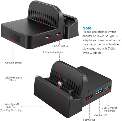 Switch Dock for Nintendo Switch, Portable Nintendo Switch Docking Station for TV with 4K HDMI/USB 3.0/ USB-C Charging Ports, Replacement for Official Nintendo Switch Dock