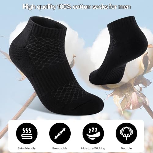 Monxiery Mens 100% Cotton Cushioned Ankel Socks, Athletic Performance Running Moisture Wicking Breathable socks