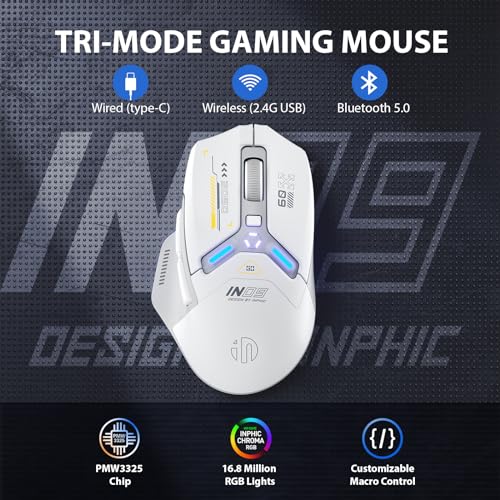 INPHIC IN9 Wireless Gaming Mouse, True Tri-Mode Bluetooth/Type-CWired/2.4G Wireless Mouse, 10000 DPl, Fully Programmable, RGB Backlit, Rechargeable Wireless Computer Mouse for Laptop PC Mac-White-Gray