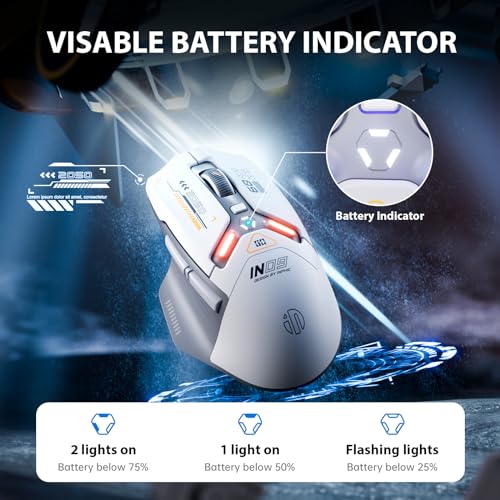 INPHIC IN9 Wireless Gaming Mouse, True Tri-Mode Bluetooth/Type-CWired/2.4G Wireless Mouse, 10000 DPl, Fully Programmable, RGB Backlit, Rechargeable Wireless Computer Mouse for Laptop PC Mac-White-Gray