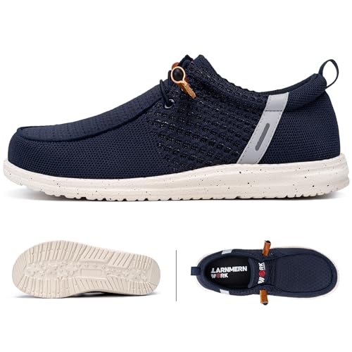 LARNMERN Slip On Steel Toe Shoes Men Lightweight Comfortable Lounging Walking Sneakers Safety Work Steel Toe Loafers (10 Men, Navy Blue)