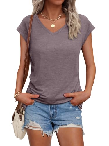 AUTOMET Womens Cute Casual Tops Woman Cotton Business T Shirts Cap Sleeve Vintage Basic Tees Summer Outfits Spring Fashion Heathergrey