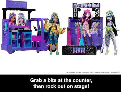 Monster High Draculaura Doll & Playset, Fangtastic Rockin’ Food Truck with Pullout Stage Transformation & 13+ Food & Music Themed Accessories