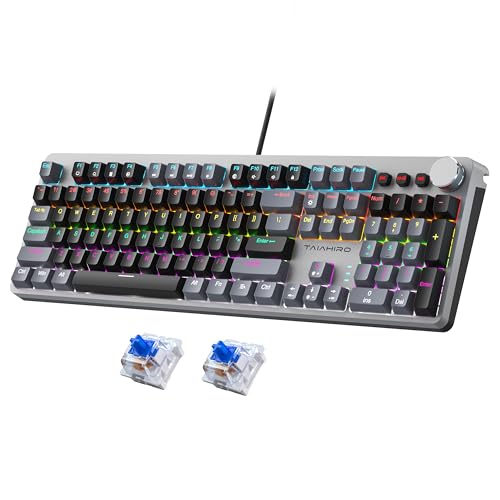 Mechanical Gaming Keyboard, RGB Backlit 104 Keys Full Size Keyboard with Multimedia Knob, Double Shot Keycaps, Full Anti-Ghosting, Blue Switch Wired Computer Keyboard for Windows PC Mac Xbox Gamer