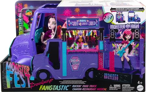 Monster High Draculaura Doll & Playset, Fangtastic Rockin’ Food Truck with Pullout Stage Transformation & 13+ Food & Music Themed Accessories