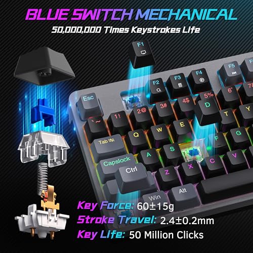 Mechanical Gaming Keyboard, RGB Backlit 104 Keys Full Size Keyboard with Multimedia Knob, Double Shot Keycaps, Full Anti-Ghosting, Blue Switch Wired Computer Keyboard for Windows PC Mac Xbox Gamer