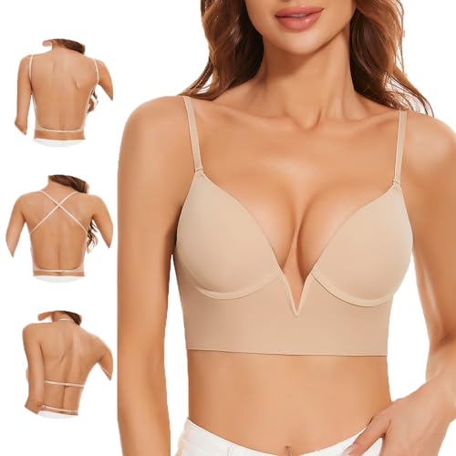 Uoolerp Women Low Back Bras-Invisible Backless Bra-Seamless Secret Plunge Bra No Show Bra Multiway Low-Cut Deep-V Halter Bra (Nude, XXL)