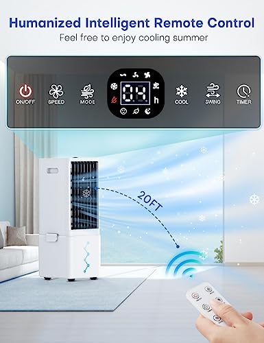 COOLECH Portable Air Conditioners w/Remote, 4 Modes & 3 Speeds, Waterless Alert System & 2.4-Gal Tank for 20H Cooling, 12H Timer for Auto Off, 3-IN-1 Evaporative Air Cooler for Room Bedroom Office