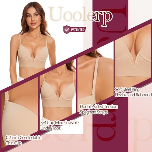 Uoolerp Women Low Back Bras-Invisible Backless Bra-Seamless Secret Plunge Bra No Show Bra Multiway Low-Cut Deep-V Halter Bra (Nude, XXL)