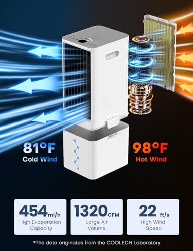 COOLECH Portable Air Conditioners w/Remote, 4 Modes & 3 Speeds, Waterless Alert System & 2.4-Gal Tank for 20H Cooling, 12H Timer for Auto Off, 3-IN-1 Evaporative Air Cooler for Room Bedroom Office
