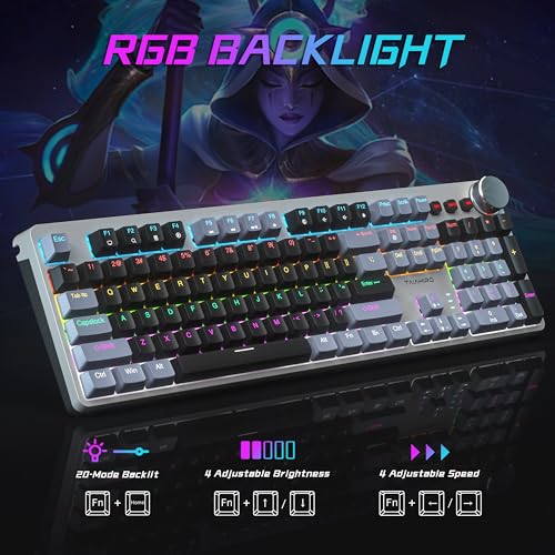 Mechanical Gaming Keyboard, RGB Backlit 104 Keys Full Size Keyboard with Multimedia Knob, Double Shot Keycaps, Full Anti-Ghosting, Blue Switch Wired Computer Keyboard for Windows PC Mac Xbox Gamer