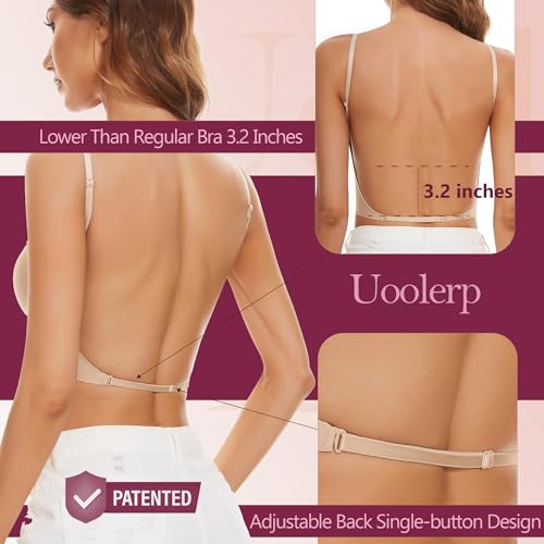 Uoolerp Women Low Back Bras-Invisible Backless Bra-Seamless Secret Plunge Bra No Show Bra Multiway Low-Cut Deep-V Halter Bra (Nude, XXL)