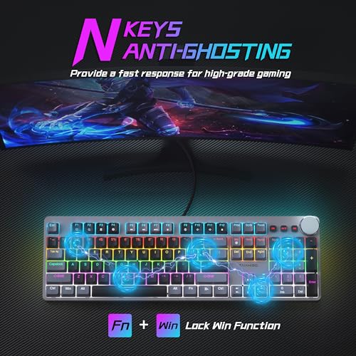 Mechanical Gaming Keyboard, RGB Backlit 104 Keys Full Size Keyboard with Multimedia Knob, Double Shot Keycaps, Full Anti-Ghosting, Blue Switch Wired Computer Keyboard for Windows PC Mac Xbox Gamer
