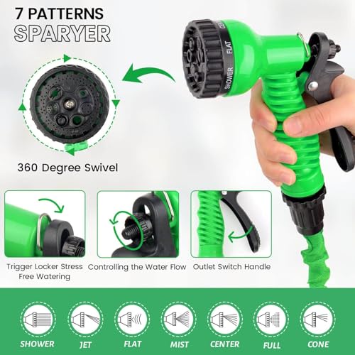 Expandable Garden Hose Water Pipe - 50FT Upgraded Expandable Water Hose with 7 Pattern Spray Nozzle, Retractable Latex Core Flexible Expanding Hose