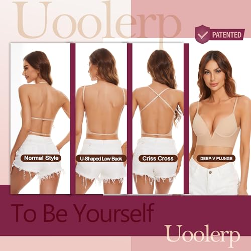 Uoolerp Women Low Back Bras-Invisible Backless Bra-Seamless Secret Plunge Bra No Show Bra Multiway Low-Cut Deep-V Halter Bra (Nude, XXL)